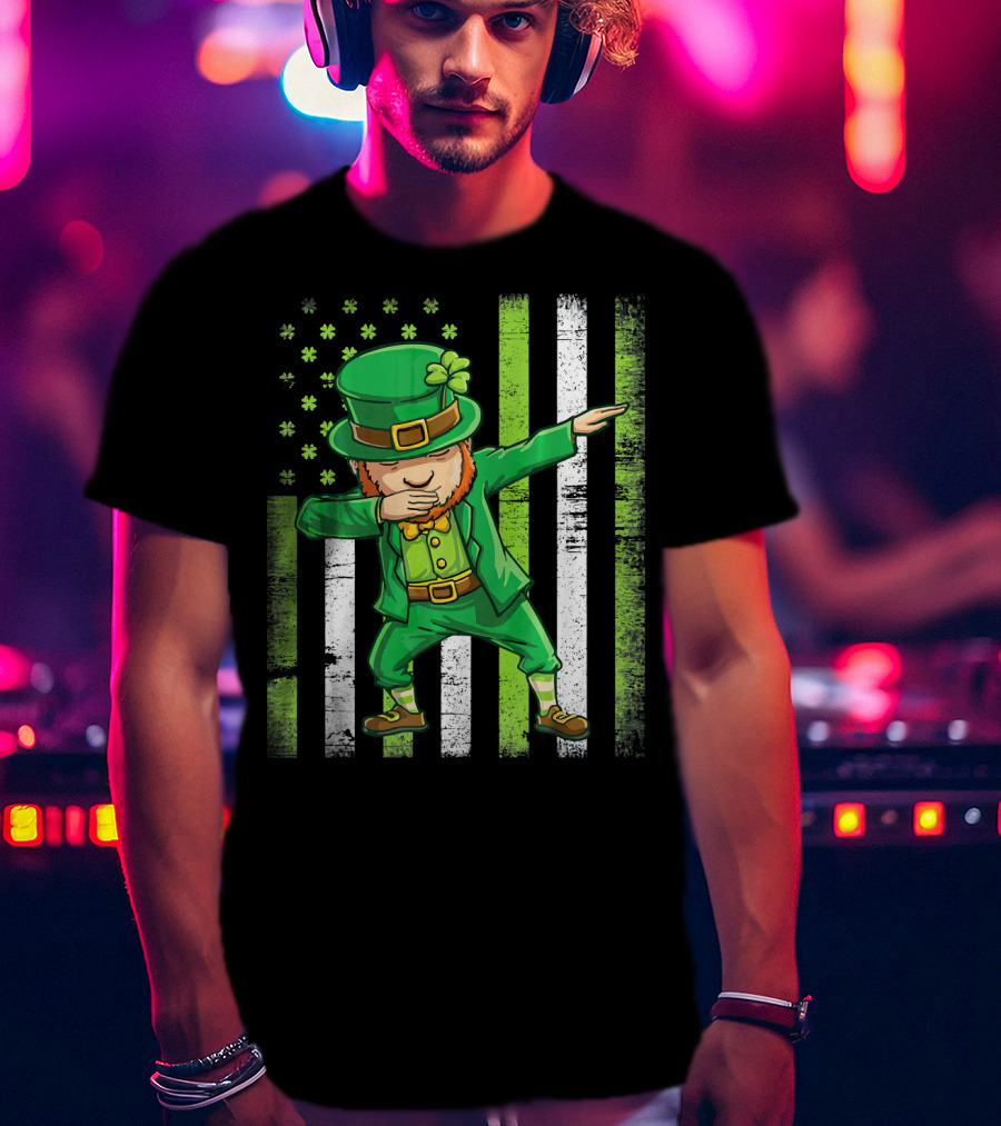 Leprechaun Dabbing With Shamrock Irish Flag Stripes T-Shirt
