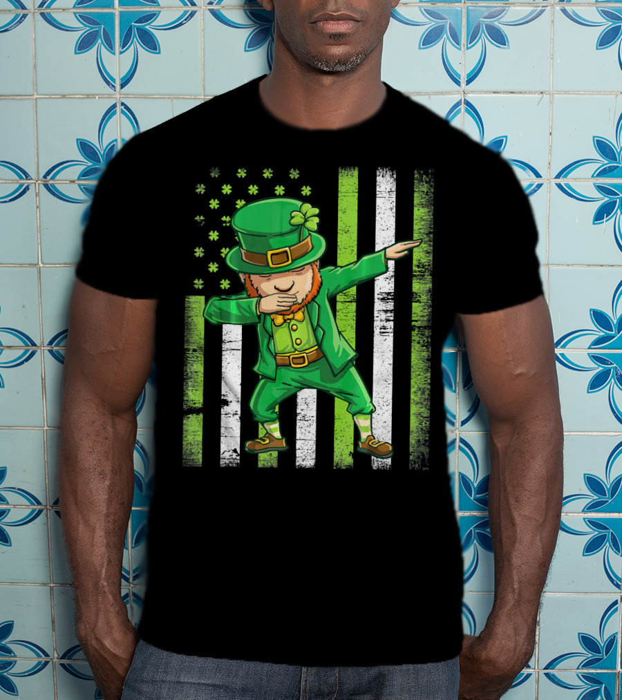 Leprechaun Dabbing With Shamrock Irish Flag Stripes T-Shirt