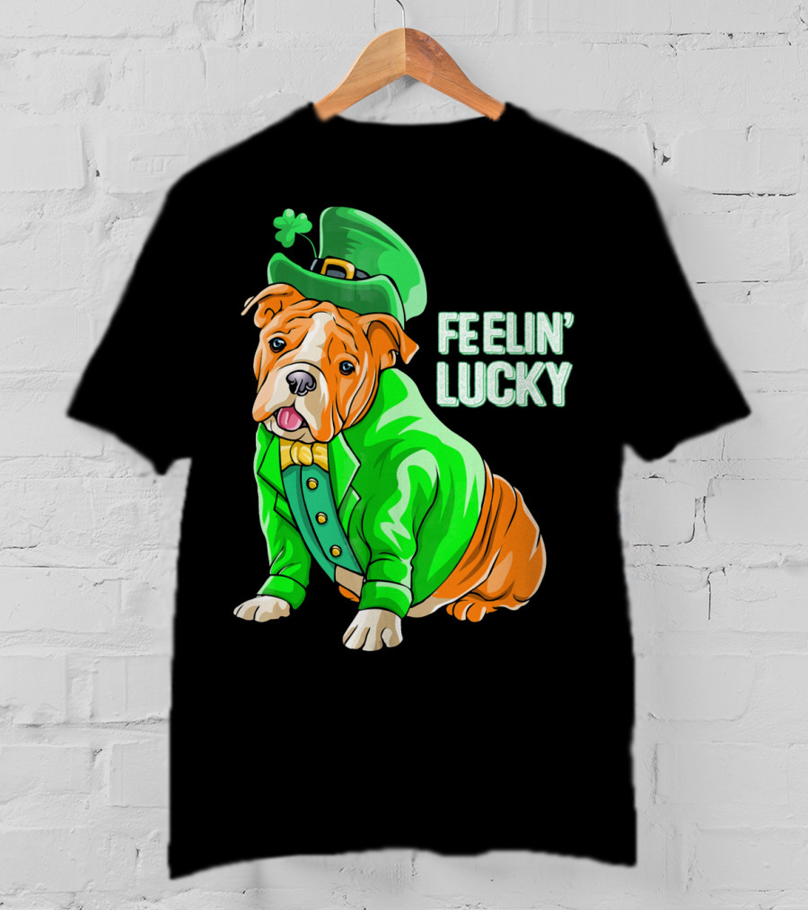 Feelin' Lucky Bulldog In Green Leprechaun T-Shirt