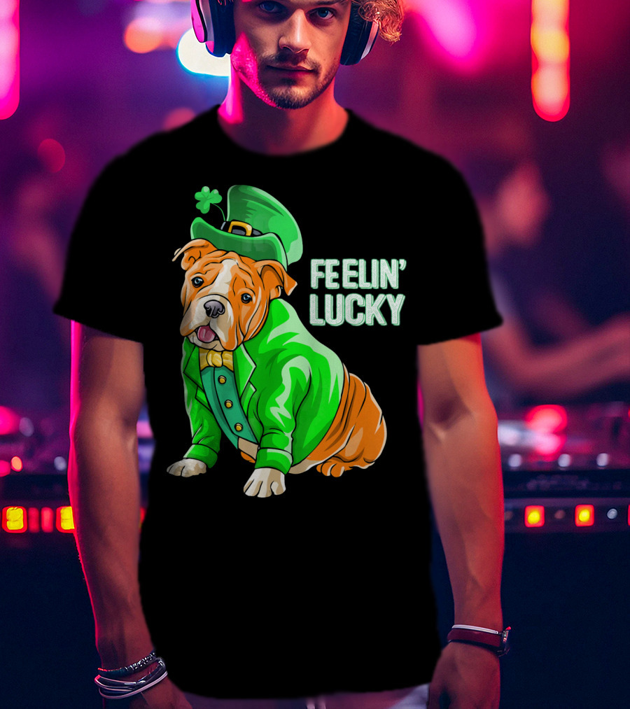 Feelin' Lucky Bulldog In Green Leprechaun T-Shirt