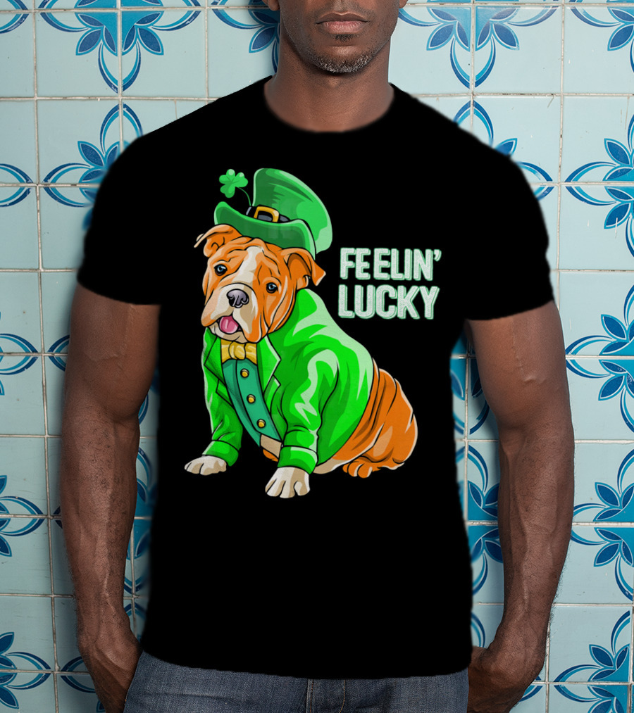 Feelin' Lucky Bulldog In Green Leprechaun T-Shirt