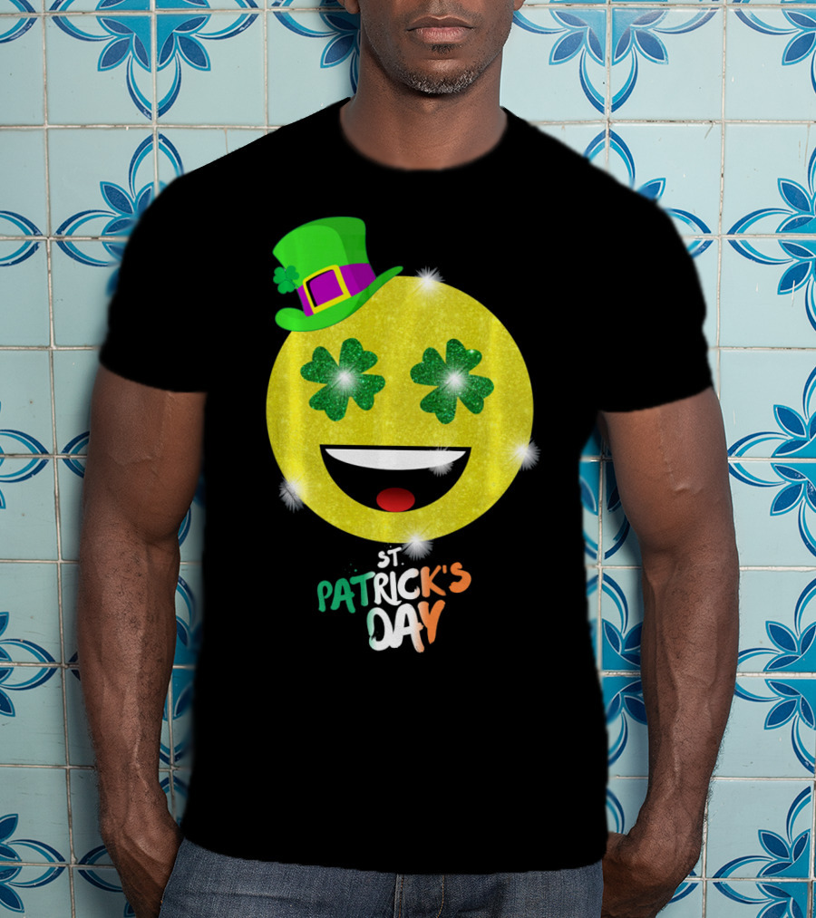 St. Patrick's Day Emoji With Green Hat And Shamrock Eyes T-Shirt