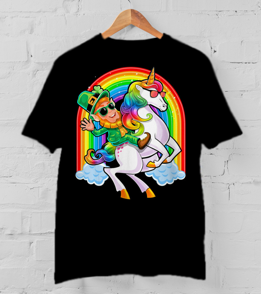 St Patricks Day Rainbow Unicorn And Leprechaun Riding Clouds T-Shirt