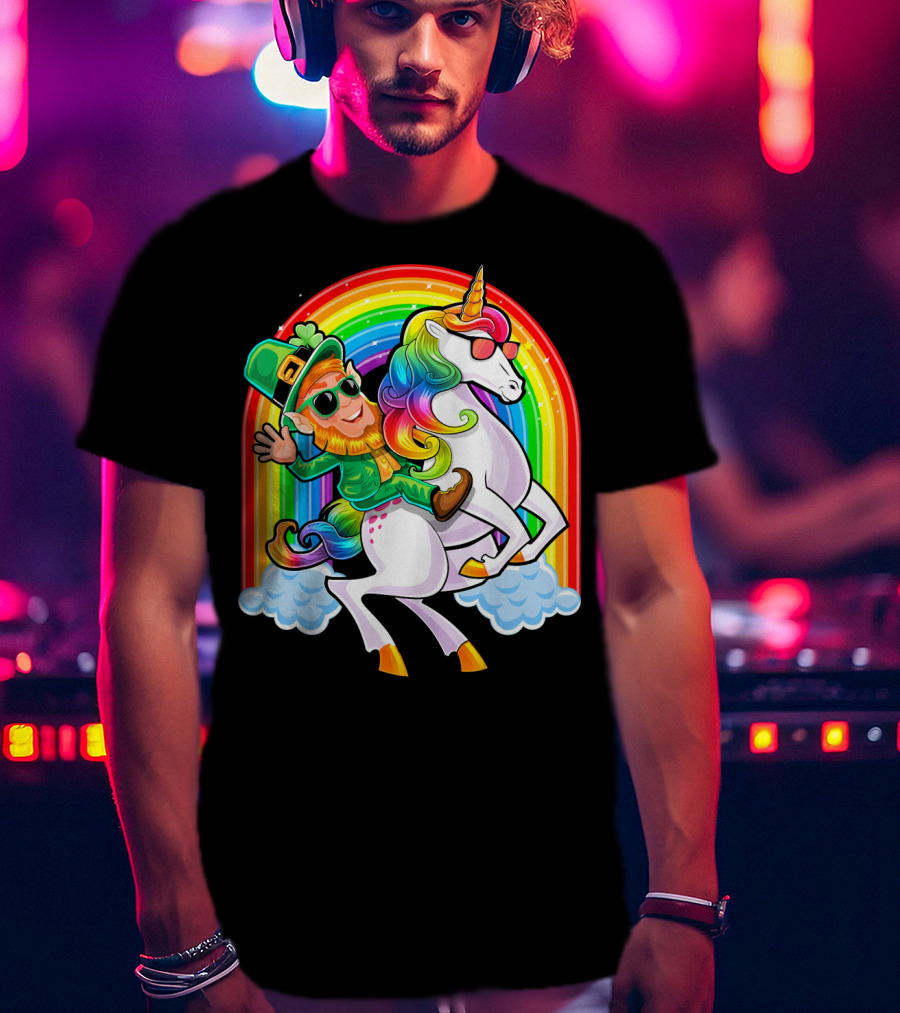 St Patricks Day Rainbow Unicorn And Leprechaun Riding Clouds T-Shirt