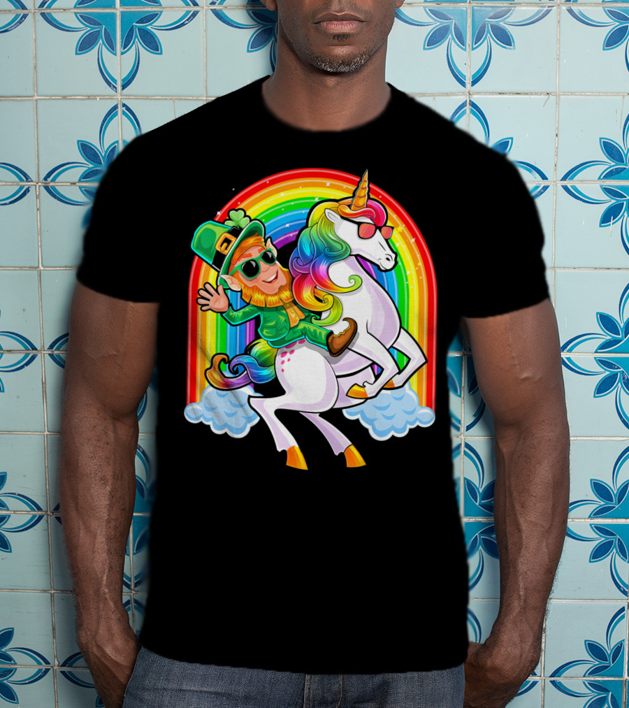St Patricks Day Rainbow Unicorn And Leprechaun Riding Clouds T-Shirt