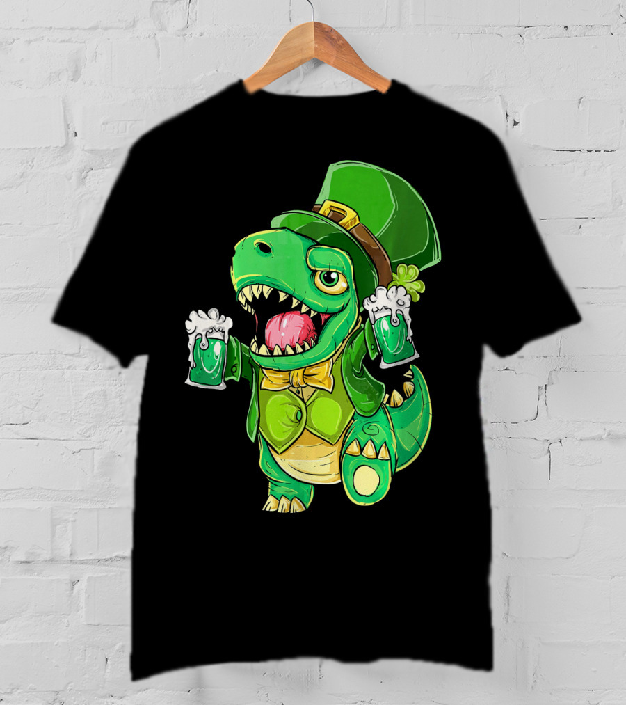 St Patricks Day Irish Dinosaur Holding Two Beers In Green Outfit And Hat T-Shirt