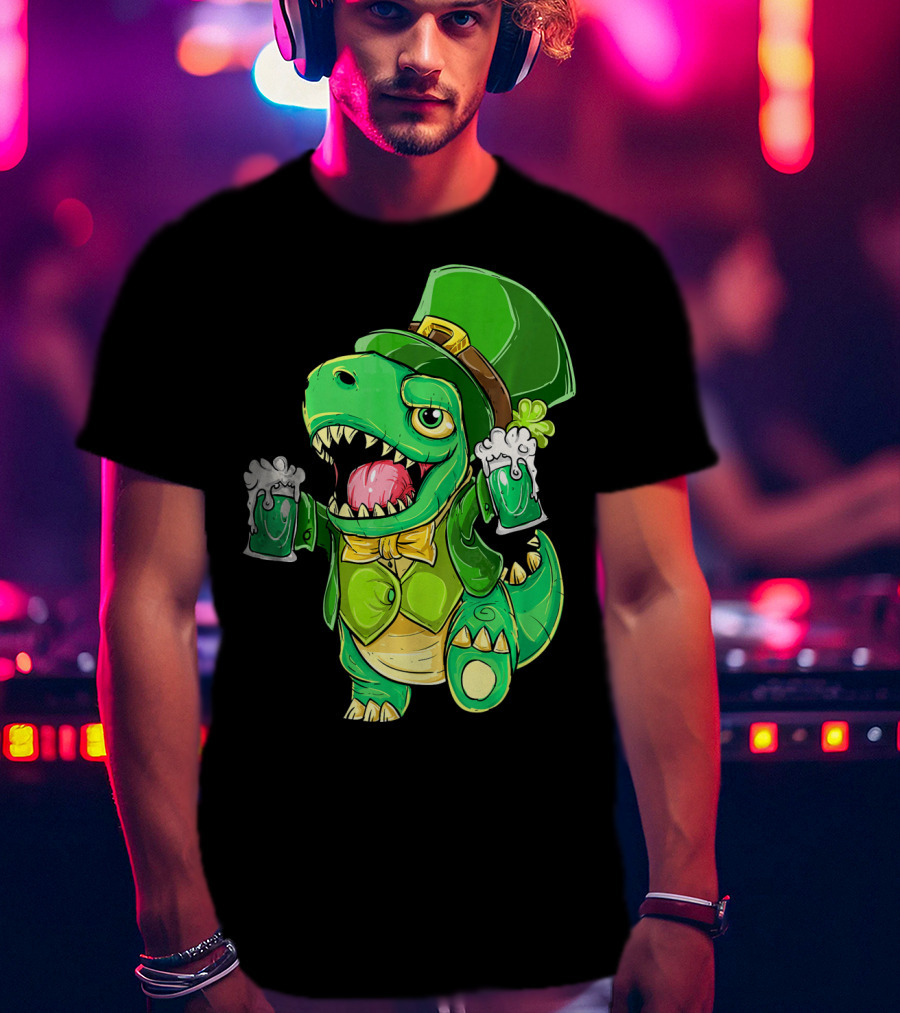 St Patricks Day Irish Dinosaur Holding Two Beers In Green Outfit And Hat T-Shirt