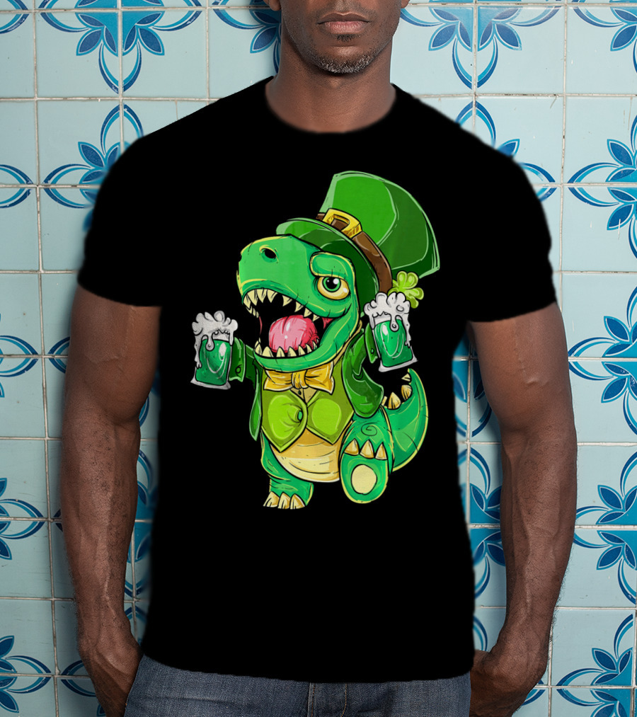 St Patricks Day Irish Dinosaur Holding Two Beers In Green Outfit And Hat T-Shirt