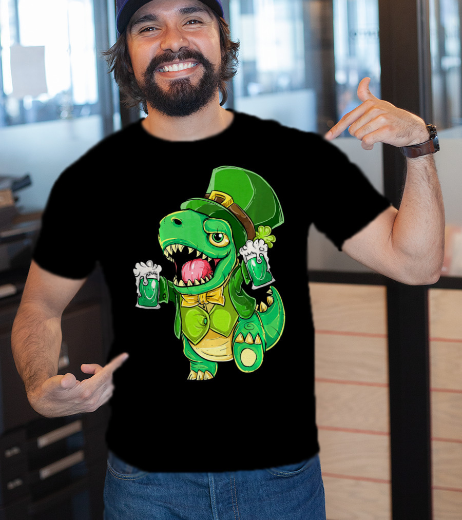 St Patricks Day Irish Dinosaur Holding Two Beers In Green Outfit And Hat T-Shirt