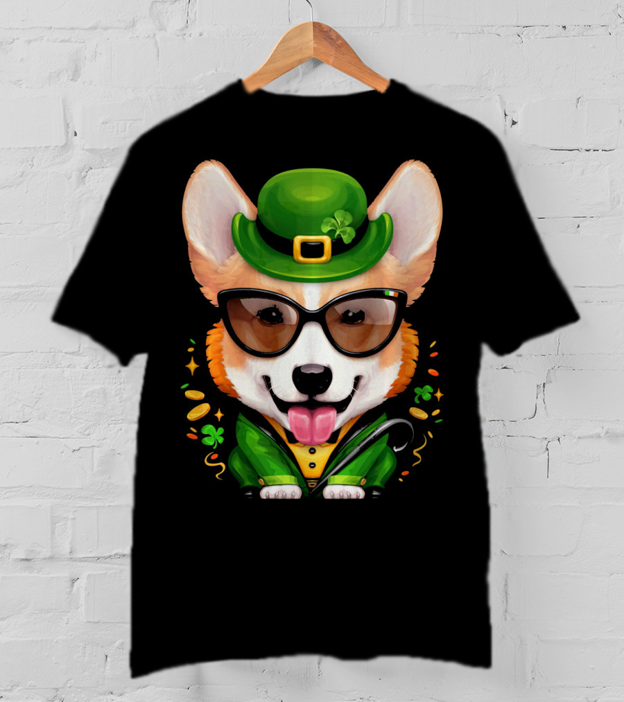 Welsh Corgi In Leprechaun Outfit With Sunglasses And Shamrocks T-Shirt