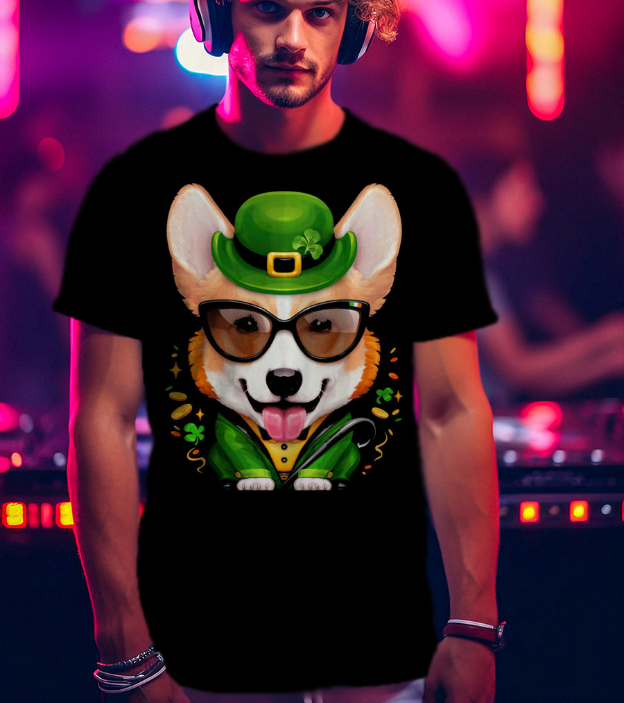 Welsh Corgi In Leprechaun Outfit With Sunglasses And Shamrocks T-Shirt