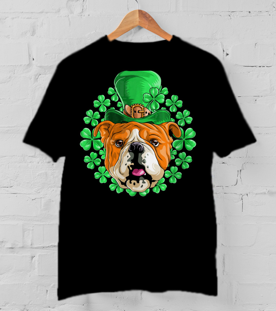 English Bulldog In Leprechaun Hat With Clover Background T-Shirt