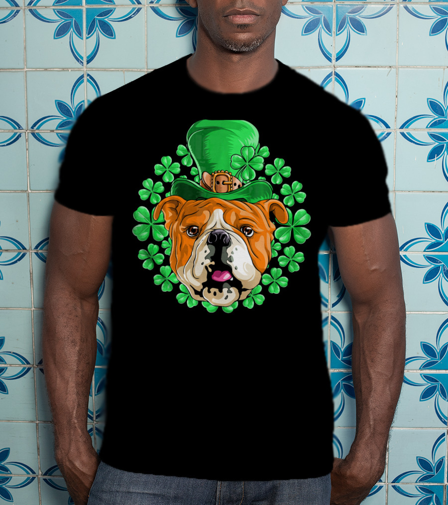 English Bulldog In Leprechaun Hat With Clover Background T-Shirt