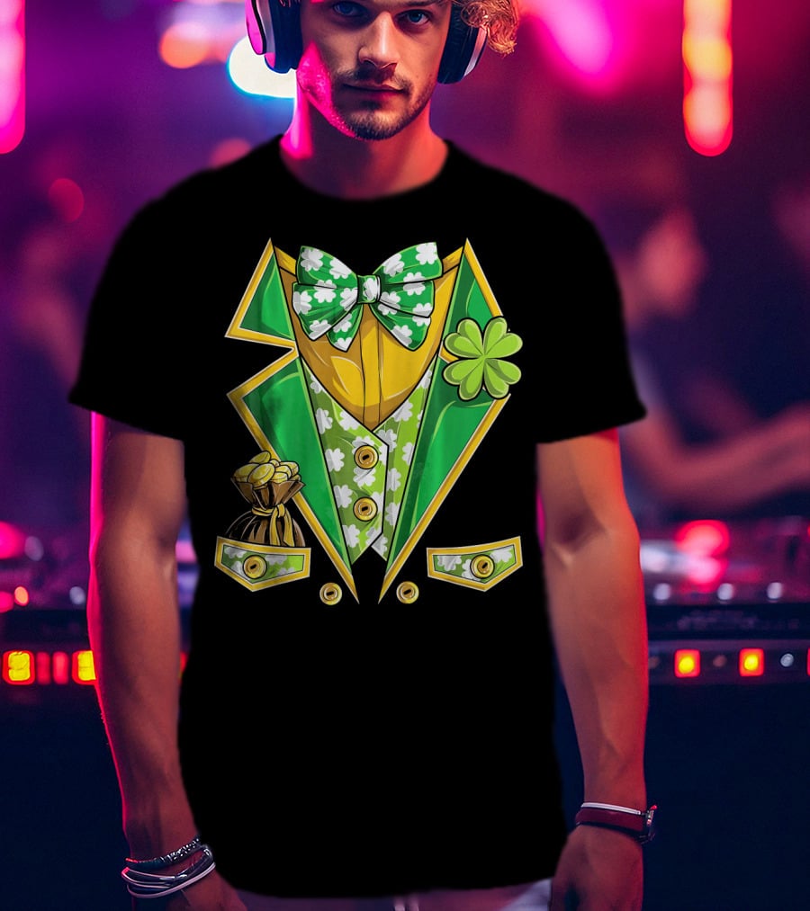 Leprechaun Costume St Patricks Green Suit With Shamrocks And Gold Coins T-Shirt