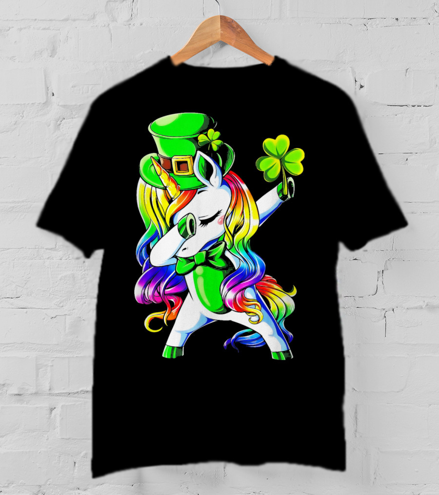 Dabbing Unicorn With Rainbow Mane And Shamrock Hat T-Shirt