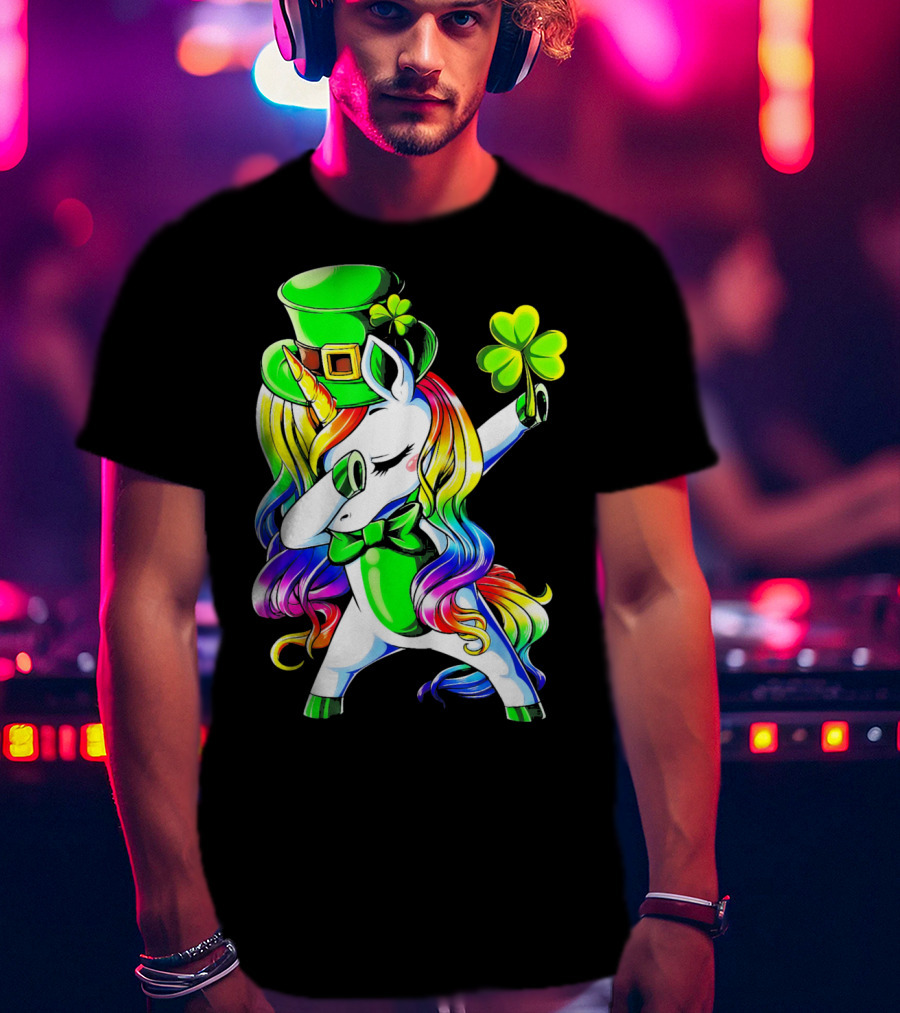 Dabbing Unicorn With Rainbow Mane And Shamrock Hat T-Shirt