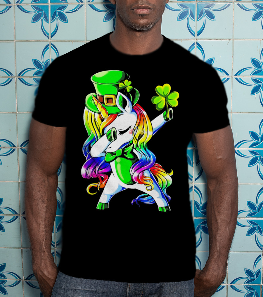 Dabbing Unicorn With Rainbow Mane And Shamrock Hat T-Shirt