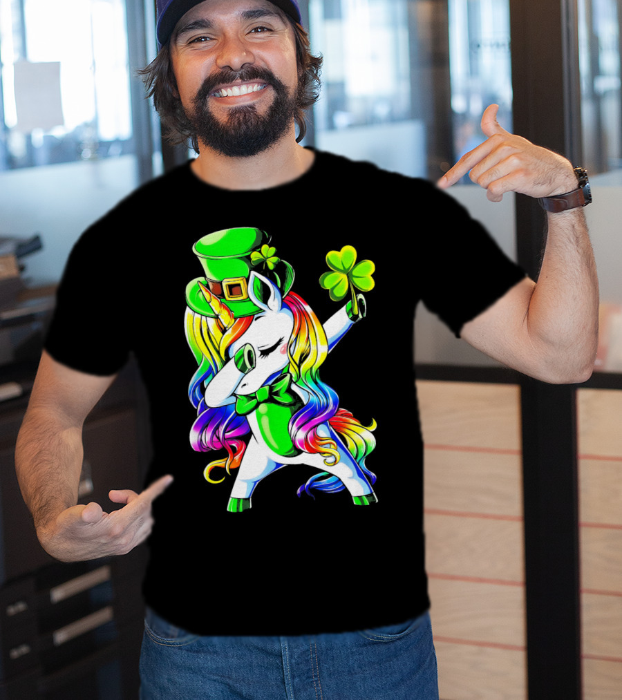 Dabbing Unicorn With Rainbow Mane And Shamrock Hat T-Shirt