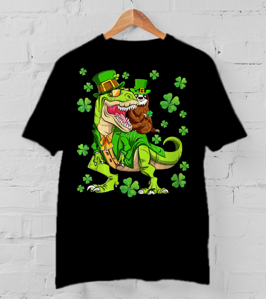 Leprechaun Sloth With Shamrocks Riding Dinosaur Rex In Green Attire T-Shirt