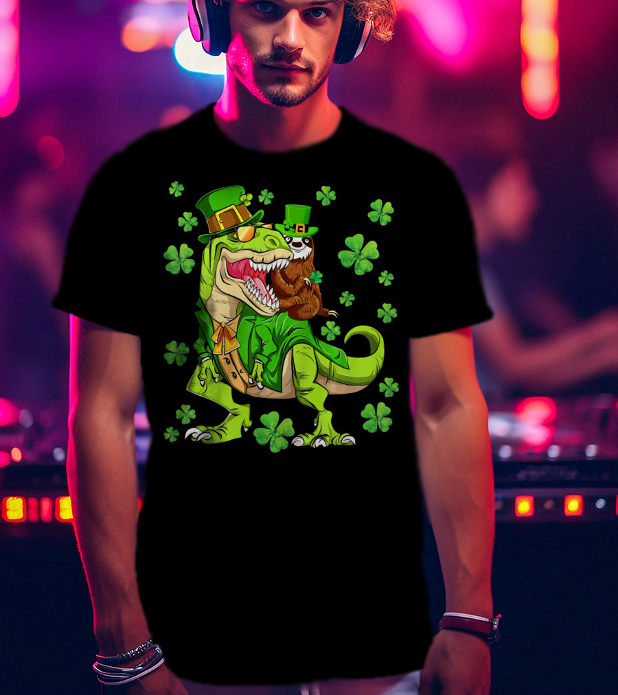 Leprechaun Sloth With Shamrocks Riding Dinosaur Rex In Green Attire T-Shirt