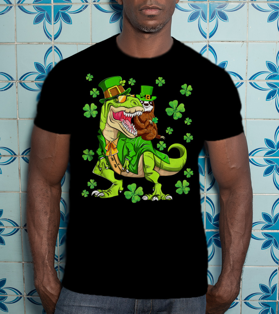 Leprechaun Sloth With Shamrocks Riding Dinosaur Rex In Green Attire T-Shirt