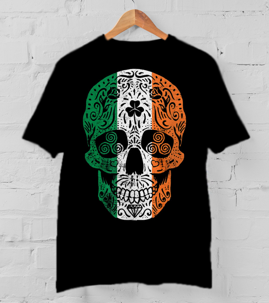 Irish Flag Sugar Skull Shamrock St Patricks T-Shirt