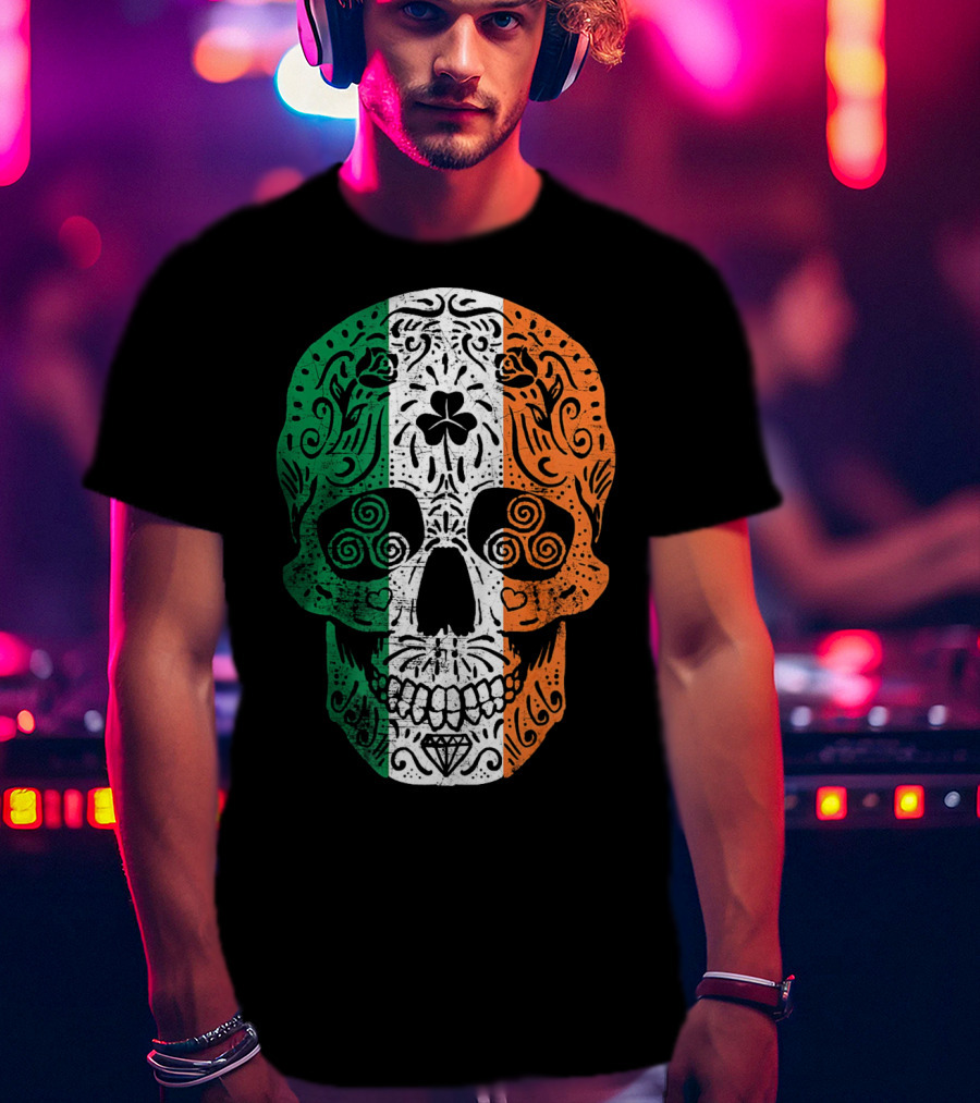 Irish Flag Sugar Skull Shamrock St Patricks T-Shirt