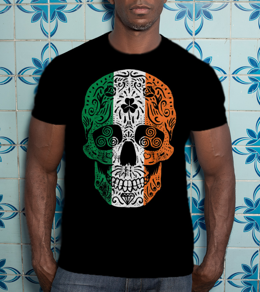 Irish Flag Sugar Skull Shamrock St Patricks T-Shirt