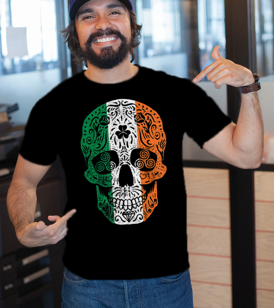 Irish Flag Sugar Skull Shamrock St Patricks T-Shirt