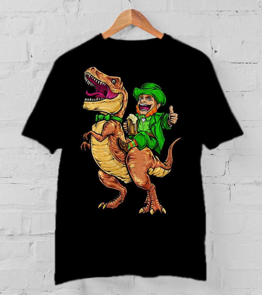 St. Patricks Day Lucky Leprechaun Riding Dinosaur With Beer T-Shirt