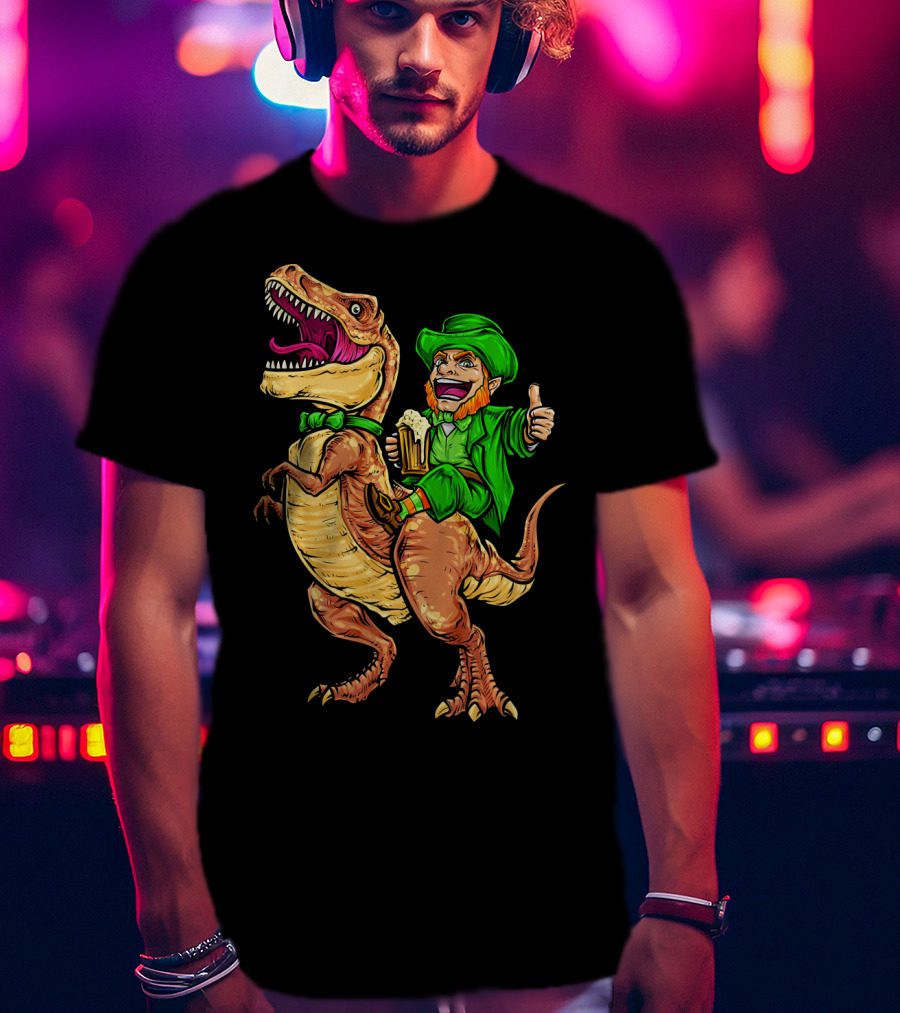 St. Patricks Day Lucky Leprechaun Riding Dinosaur With Beer T-Shirt