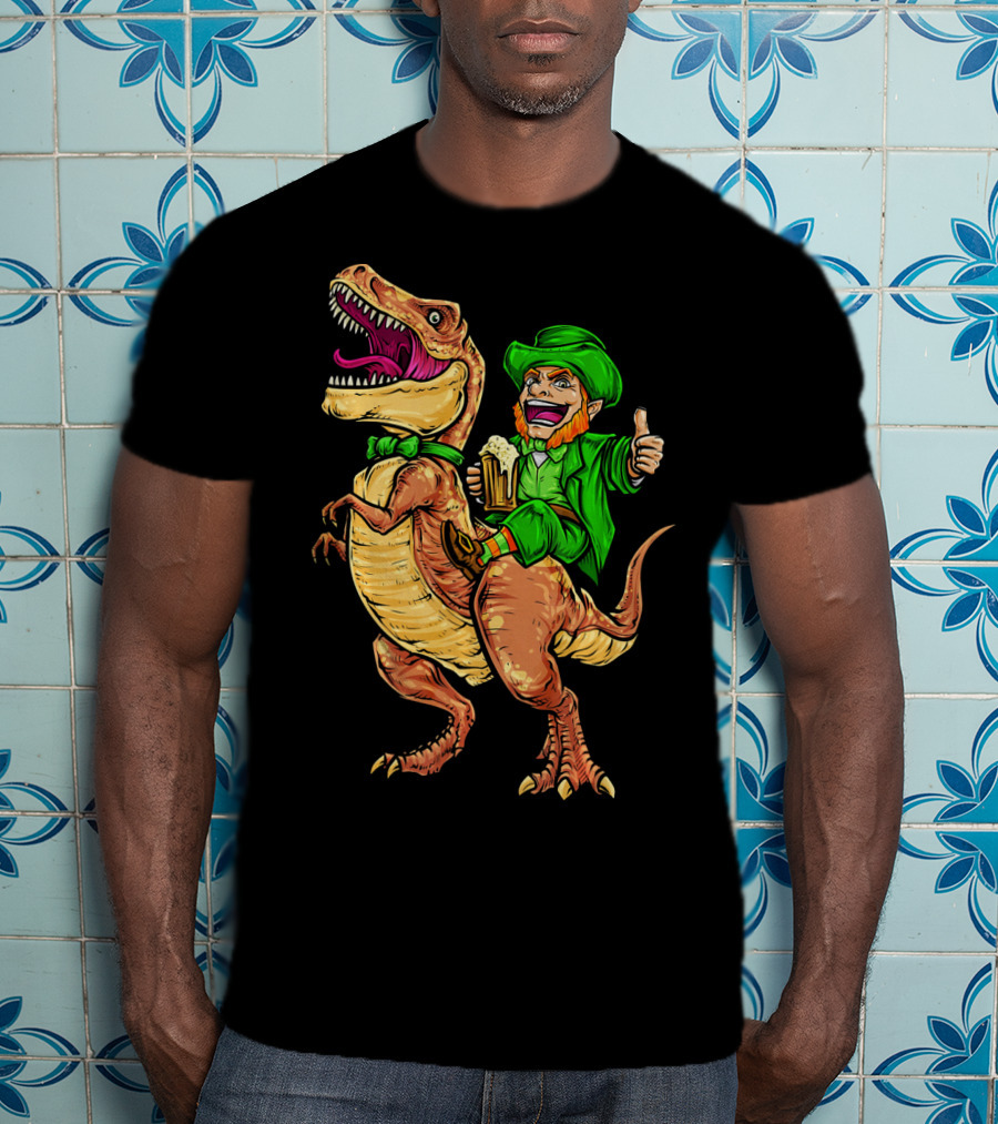 St. Patricks Day Lucky Leprechaun Riding Dinosaur With Beer T-Shirt