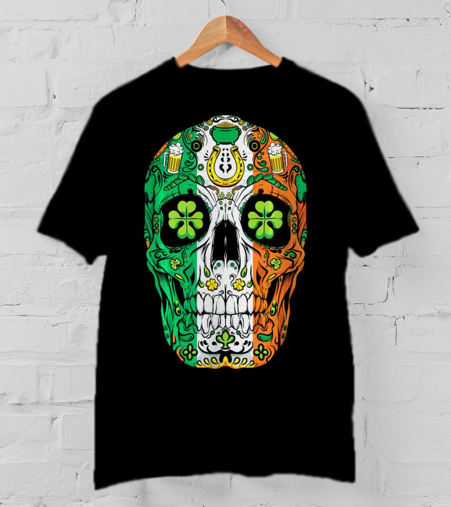 Sugar Skull Irish Leprechaun Shamrock St Patrick's Day T-Shirt