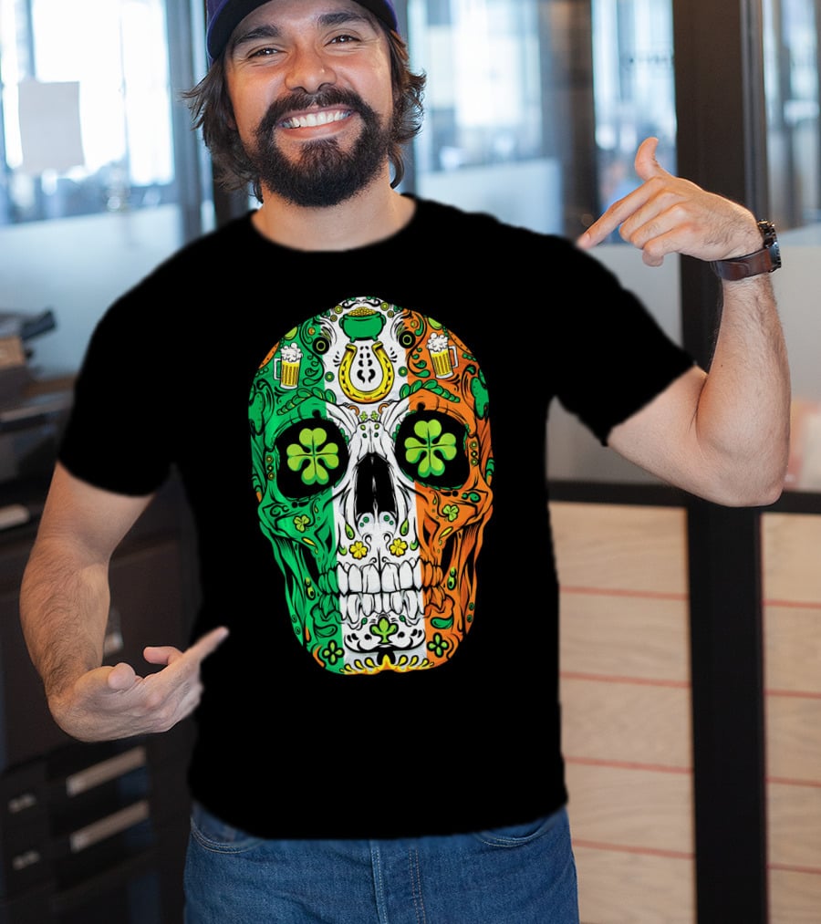 Sugar Skull Irish Leprechaun Shamrock St Patrick's Day T-Shirt