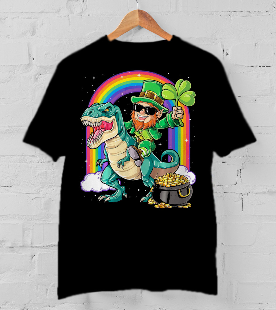Leprechaun Riding Dinosaur T-Rex Shamrock Rainbow Pot Of Gold St Pat's Day T-Shirt