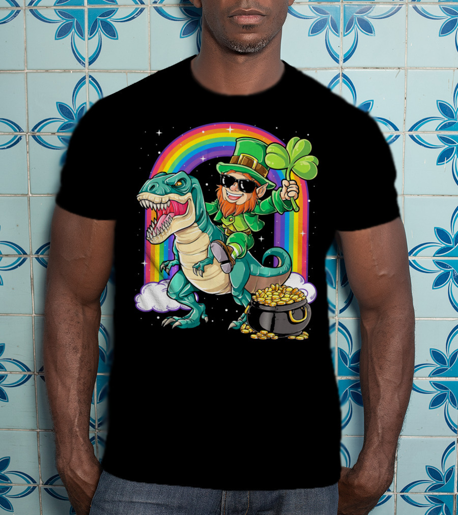 Leprechaun Riding Dinosaur T-Rex Shamrock Rainbow Pot Of Gold St Pat's Day T-Shirt