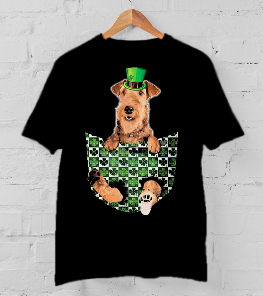 Airedale Terrier Pocket Patrick Hat Green Shamrocks T-Shirt