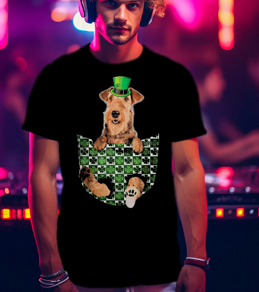 Airedale Terrier Pocket Patrick Hat Green Shamrocks T-Shirt