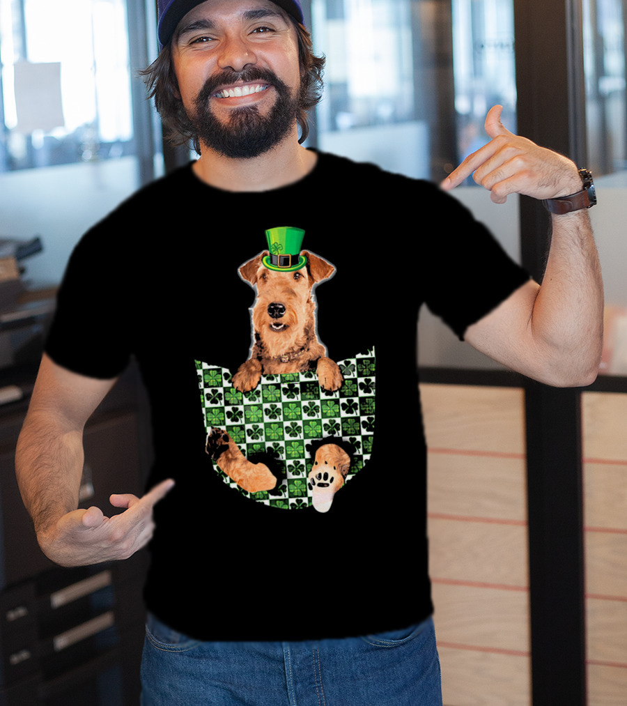 Airedale Terrier Pocket Patrick Hat Green Shamrocks T-Shirt