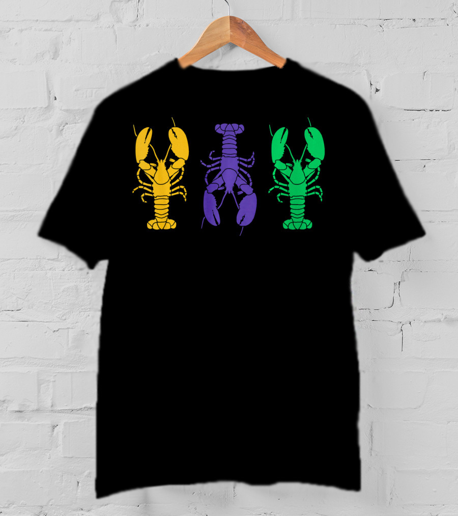 Mardi Gras Yellow Purple Green Crayfish Lobsters T-Shirt