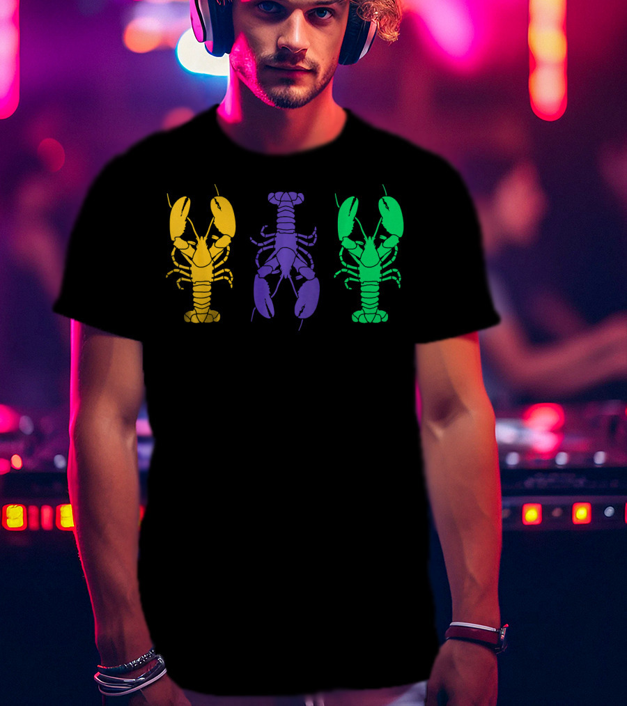 Mardi Gras Yellow Purple Green Crayfish Lobsters T-Shirt