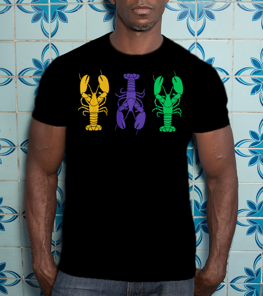 Mardi Gras Yellow Purple Green Crayfish Lobsters T-Shirt