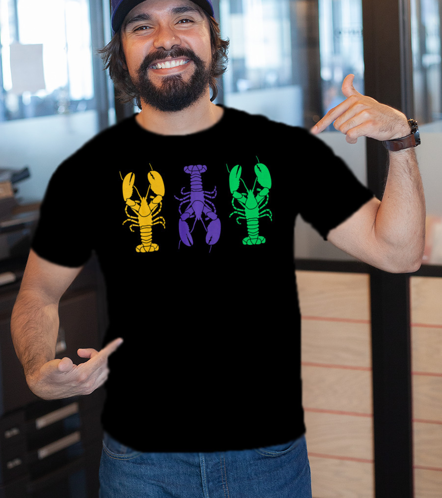 Mardi Gras Yellow Purple Green Crayfish Lobsters T-Shirt