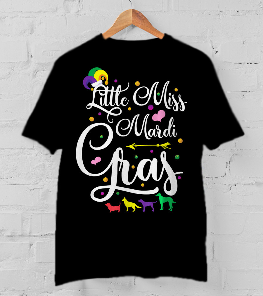 Little Miss Mardi Gras Dogs Hearts Beads Arrow Text T-Shirt