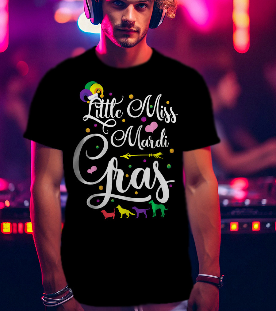 Little Miss Mardi Gras Dogs Hearts Beads Arrow Text T-Shirt