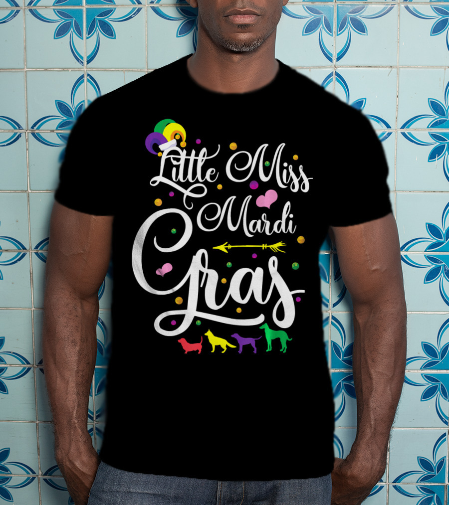 Little Miss Mardi Gras Dogs Hearts Beads Arrow Text T-Shirt