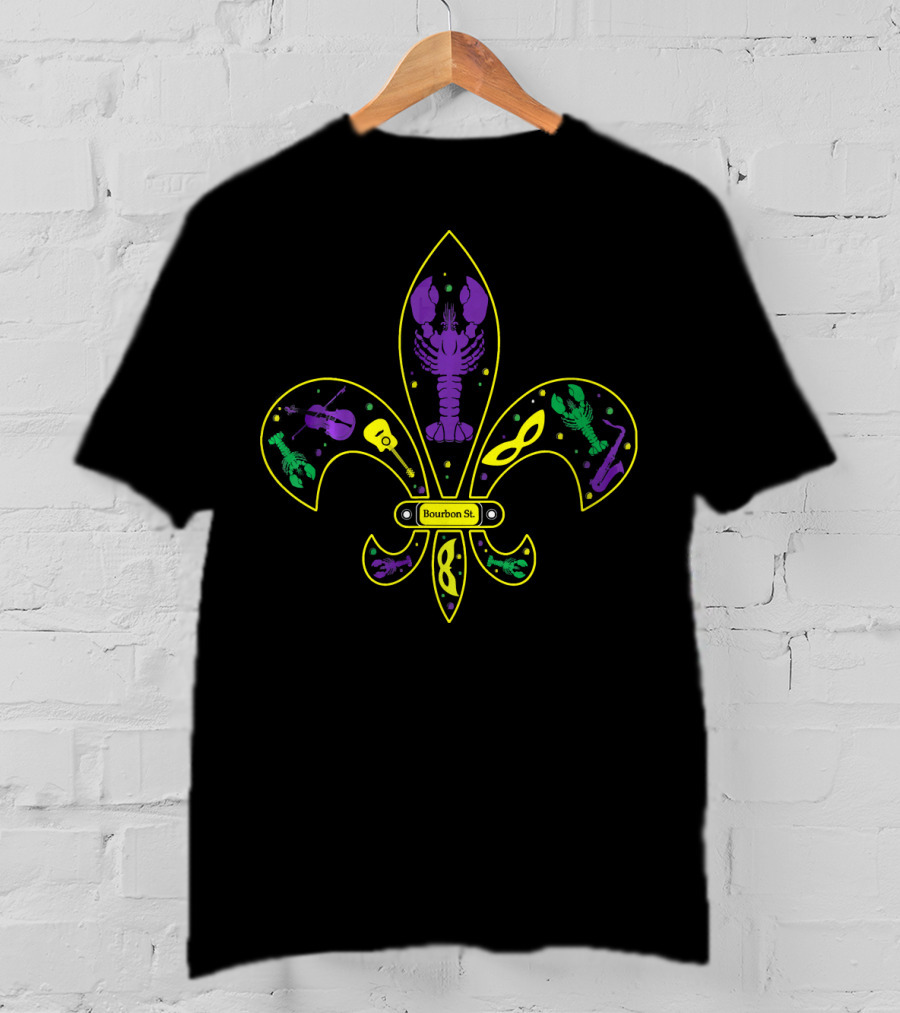 Mardi Gras Bourbon St Fleur-de-Lis Crawfish Violin Mask Skeleton T-Shirt