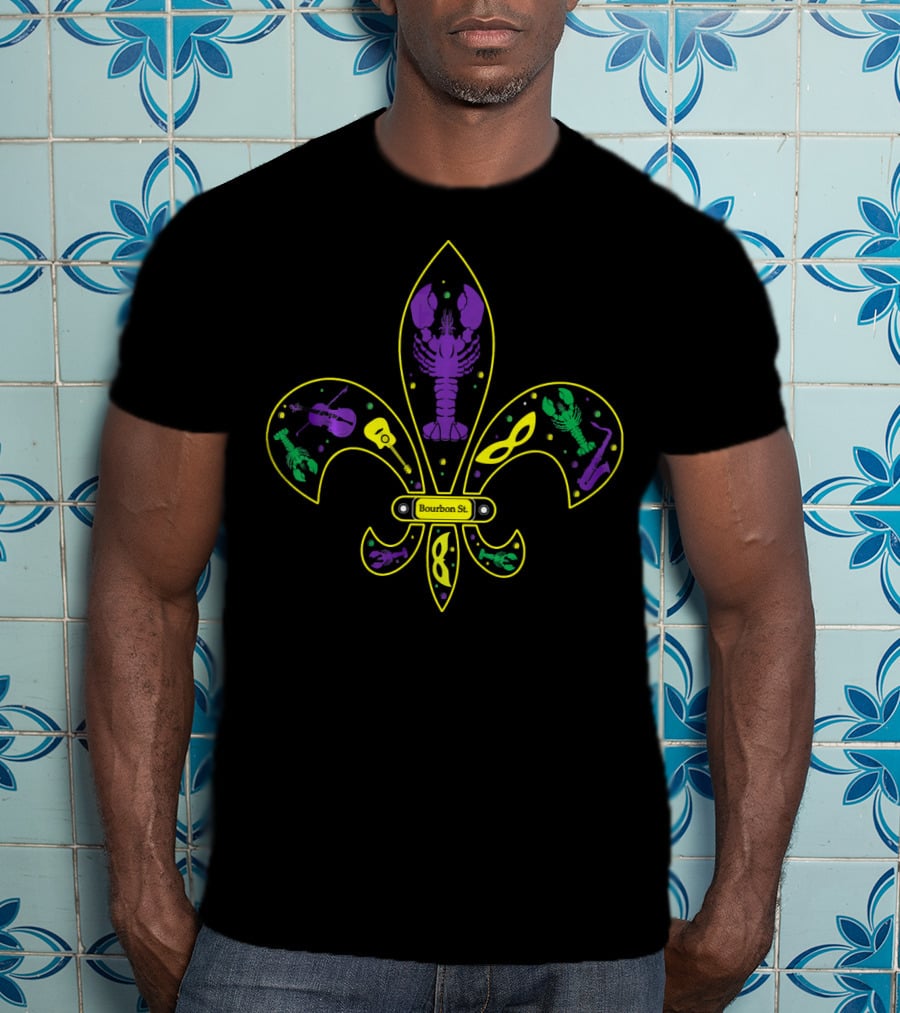 Mardi Gras Bourbon St Fleur-de-Lis Crawfish Violin Mask Skeleton T-Shirt