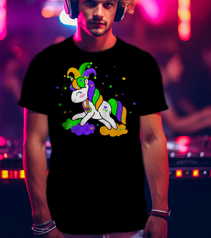 Unicorn Mardi Gras Party Rainbow Mask Beads T-Shirt