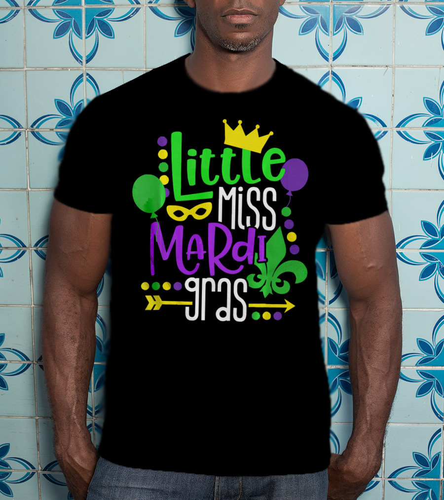 Little Miss Mardi Gras Crown Balloons Mask Fleur De Lis T-Shirt